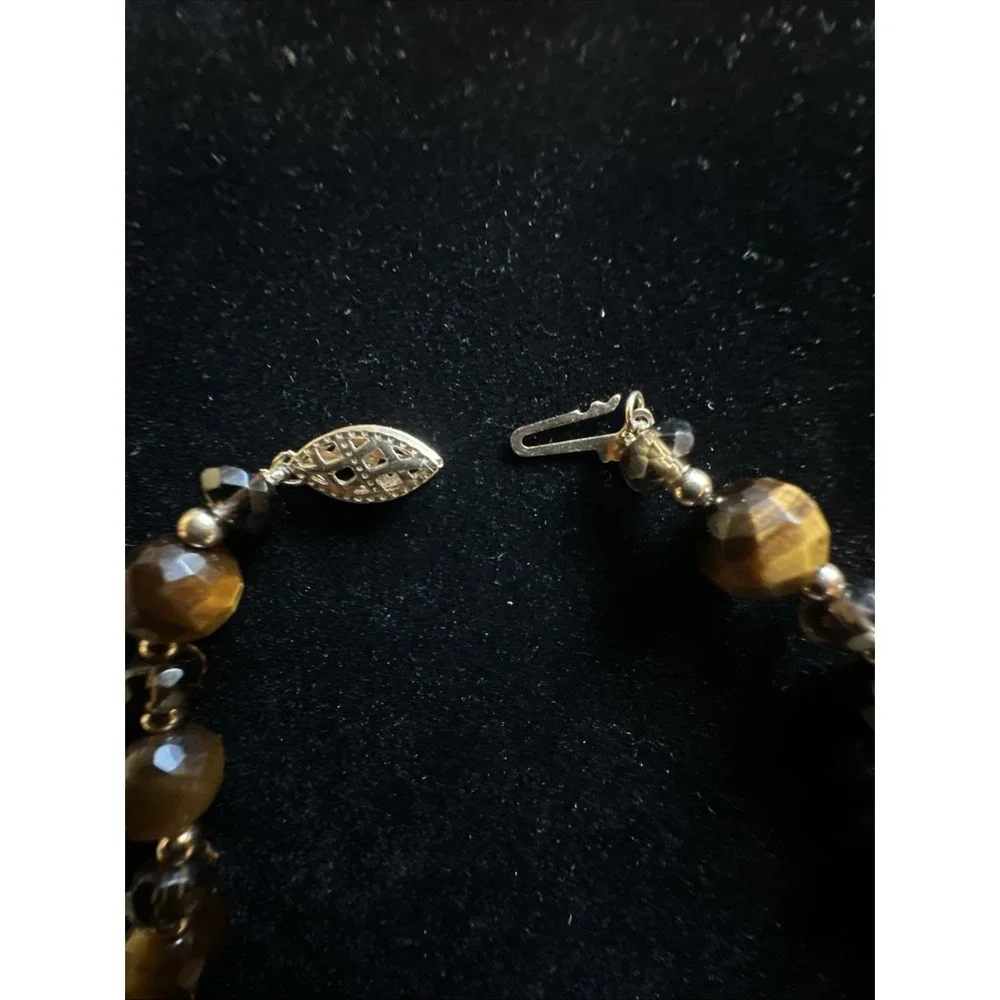 VTG  High Quality Tigers Eye Necklace Knotted In 10k Gold Clasp & Spacers EUC